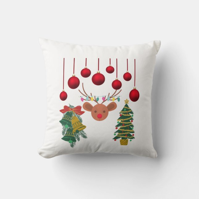 Magical Reindeer Bells and Christmas Tree Design  Throw Pillow (Front)