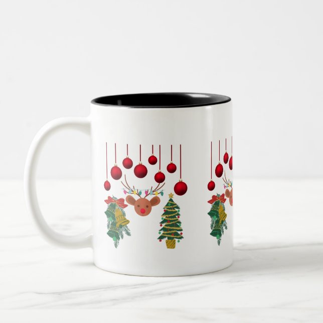 Magical Reindeer Bells and Christmas Tree Design  Two-Tone Coffee Mug (Left)
