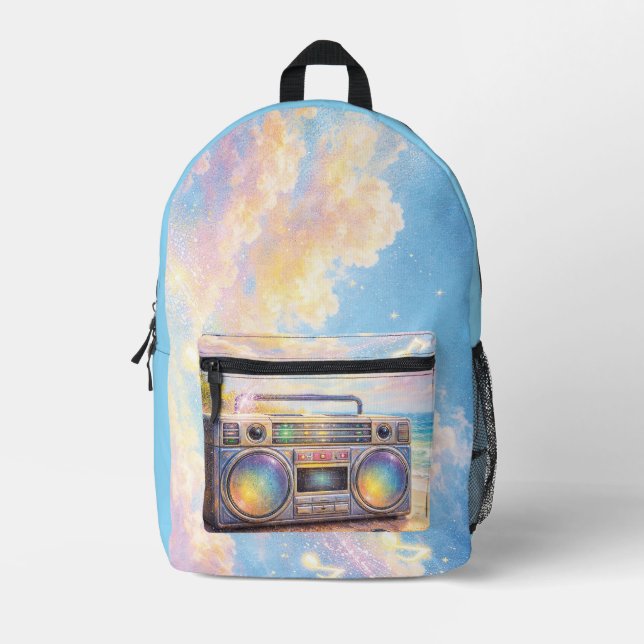 Magical Retro Boombox Playing Music On Beach Printed Backpack (Front)