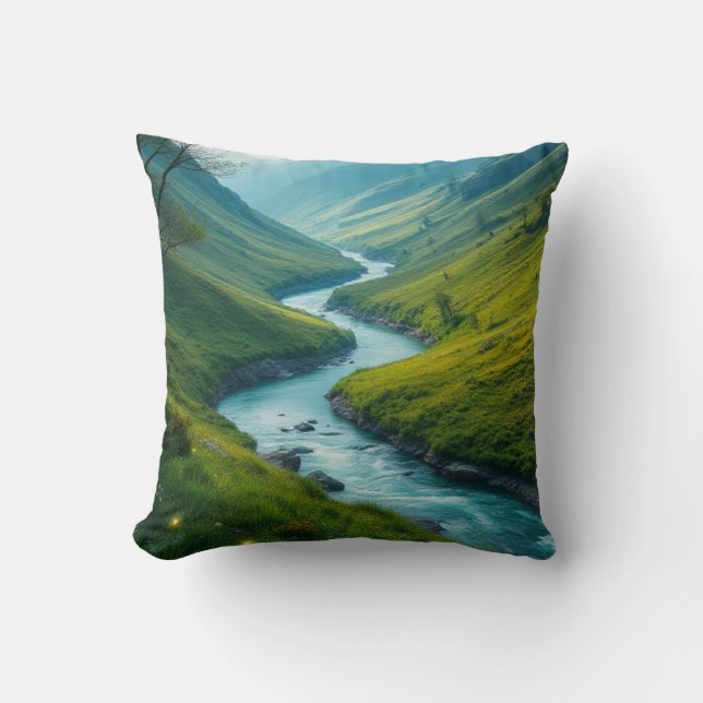 Magical river and green hills landscape throw pillow (Front)