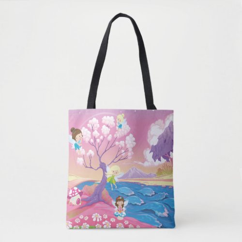 Magical Riverbank with Fairies Unicorn and Mermaid Tote Bag