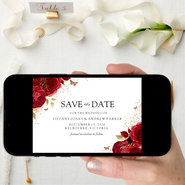 Magical Romantic Red Roses Gold Floral Wedding Save The Date (Front Digital)