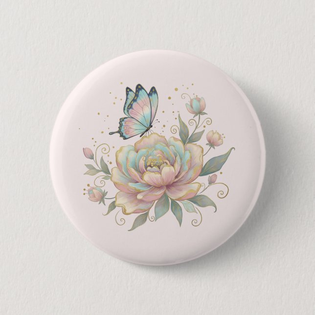 Magical Rose and Butterfly Pastel Button (Front)