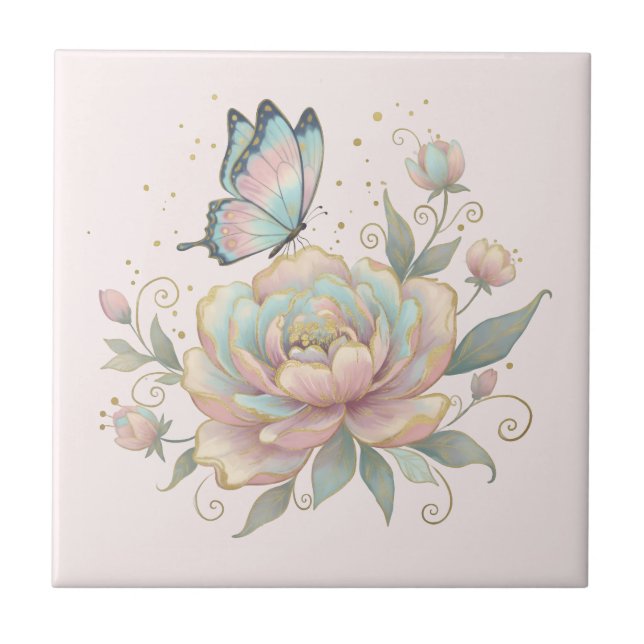 Magical Rose and Butterfly Pastel Colors Ceramic Tile (Front)