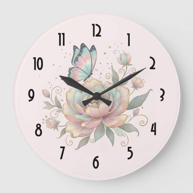 Magical Rose and Butterfly Pastel Colors Large Clock (Front)