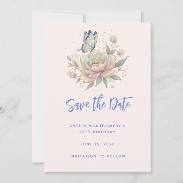 Magical Rose and Butterfly Pastel Colors Save The Date (Front)