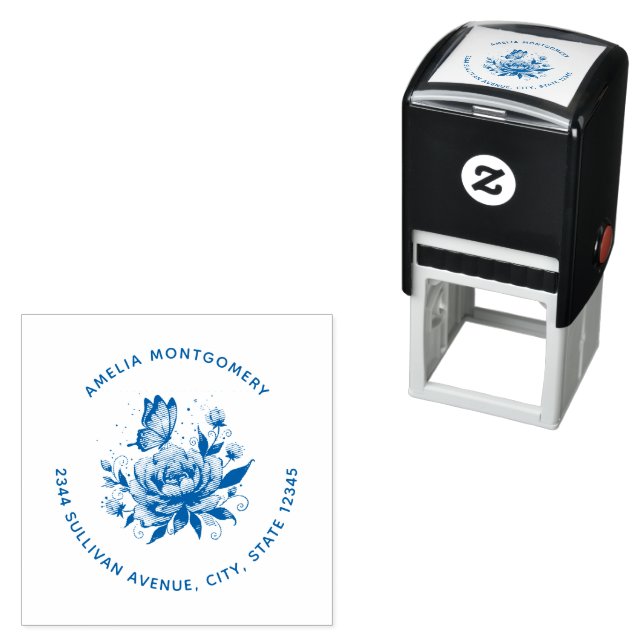 Magical Rose and Butterfly Whimsical Address Self-inking Stamp (In Situ)