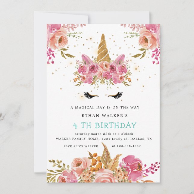 magical roses blush unicorn Birthday Invitation (Front)