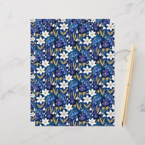Magical Royal Blue Floral Pattern Scrapbook Paper