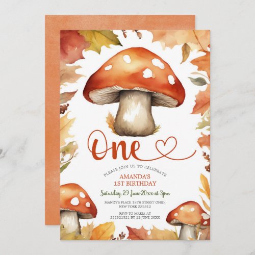 Magical Rustic Mushroom Cute Kids 1st Birthday Invitation