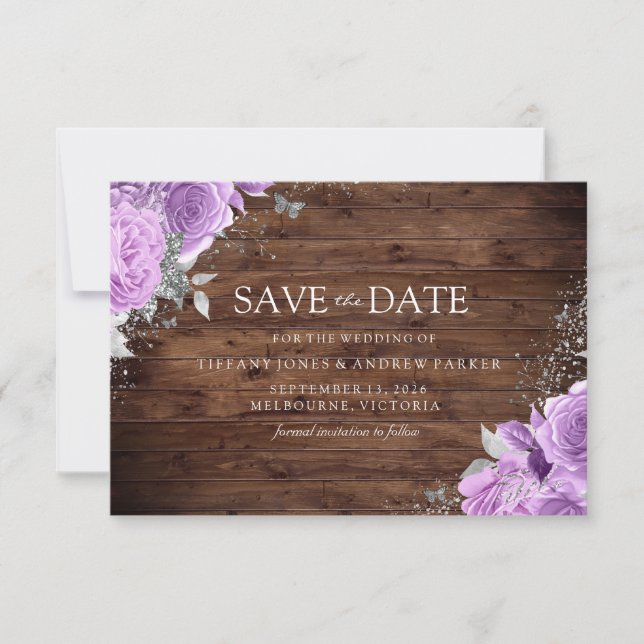 Magical Rustic Purple Lavender Rose Floral Wedding Save The Date (Front)