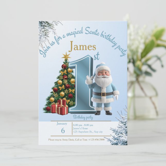 Magical Santa Birthday Invitation – 1st Birthday (Standing Front)