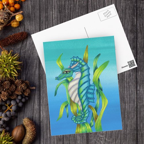 Magical Sea Dragon Horse blue Green Seaweed Postcard