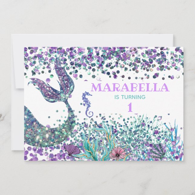 *~*  Magical Sea Horse Mermaid's Tail Birthday  Invitation (Front)