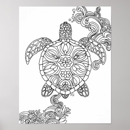 Magical Sea Turtle Adult Coloring Printable Poster