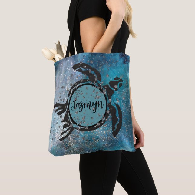 Magical Sea Turtle Glittery Blue Personalized Tote Bag (Close Up)