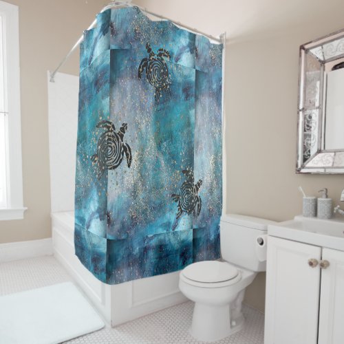 Magical Sea Turtle Glittery Blue Shower Curtain