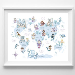 Magical Sea World, Mermaids, Knights, World Map Poster