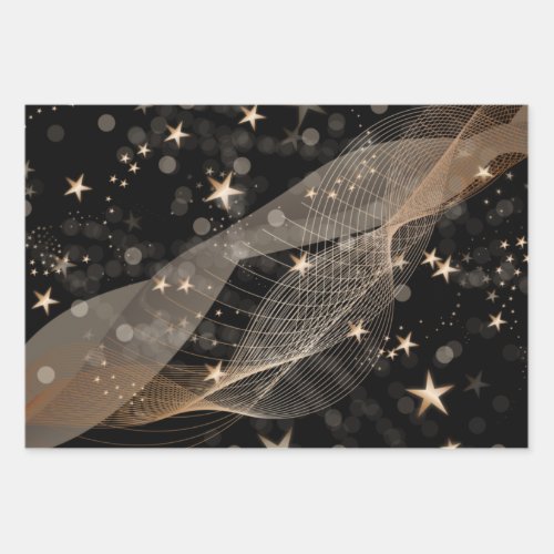 Magical Shiny Gold Stars Strings and Bokeh Lights Wrapping Paper Sheets