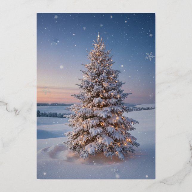 Magical Snow-Covered Christmas Tree at Sunset Foil Holiday Card (Front)