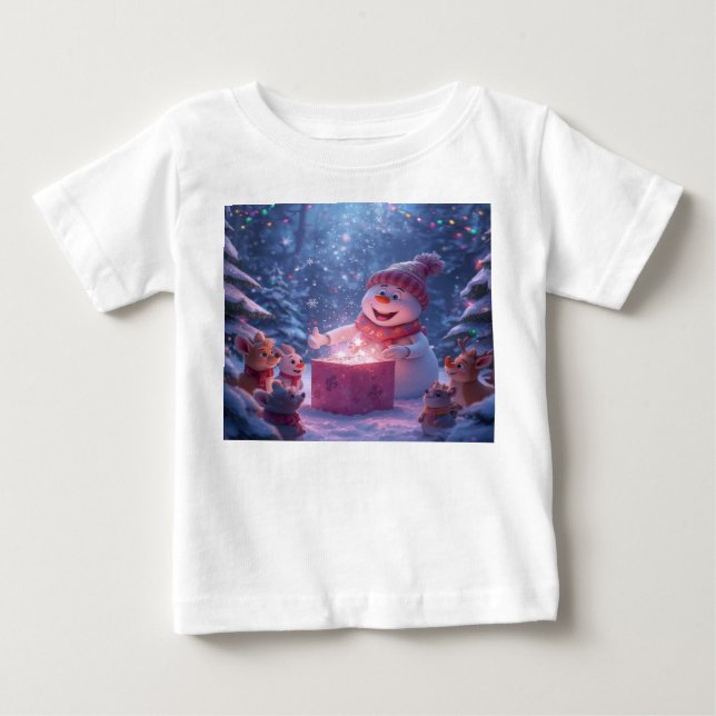 Magical Snowman Christmas Gift Scene Baby T-Shirt (Front)