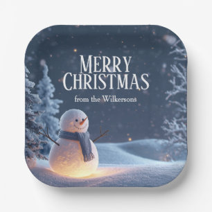 Magical Snowman on a Winter Night Custom Name Xmas Paper Plates