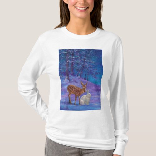 Magical Snowscape with Reindeer and Bunny T_Shirt