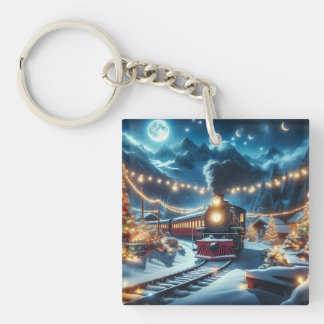 Magical Snowy Christmas Train Winter Scene Keychain