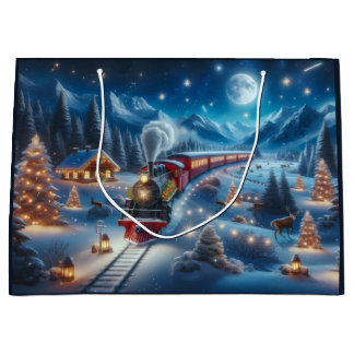 Magical Snowy Christmas Train Winter Scene Large Gift Bag