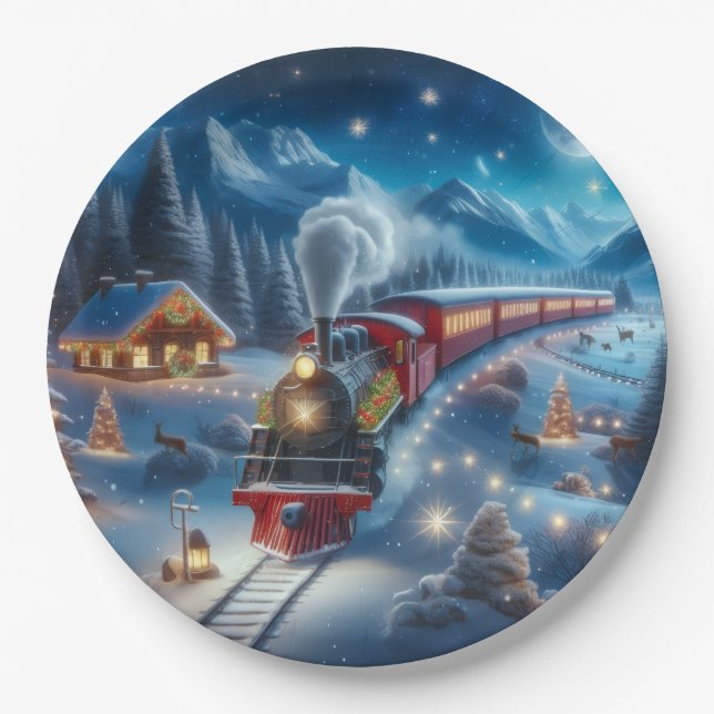Magical Snowy Christmas Train Winter Scene Paper Plates (Front)