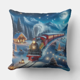 Magical Snowy Christmas Train Winter Scene Throw Pillow