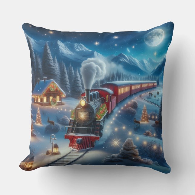 Magical Snowy Christmas Train Winter Scene Throw Pillow (Front)