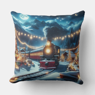 Magical Snowy Christmas Train Winter Scene Throw Pillow