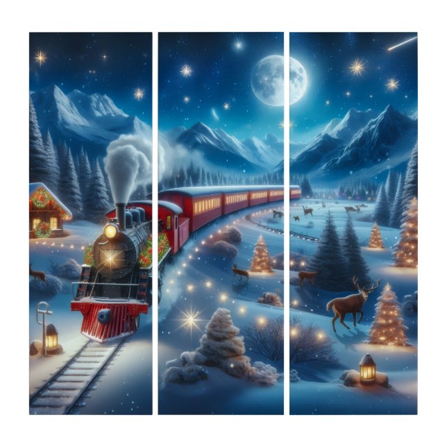Magical Snowy Christmas Train Winter Scene Triptych (Front)