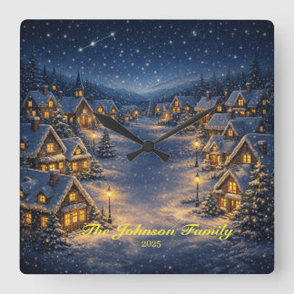 Magical Snowy Christmas village at night Square Wall Clock
