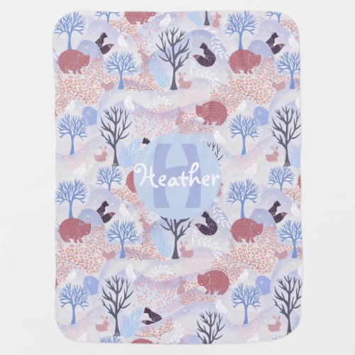 Magical snowy white woodland forest creatures blue baby blanket
