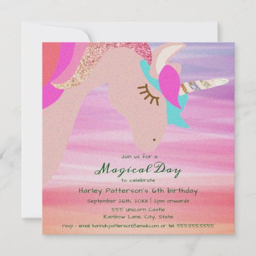 Magical Sparkling Unicorn  Birthday Invitation