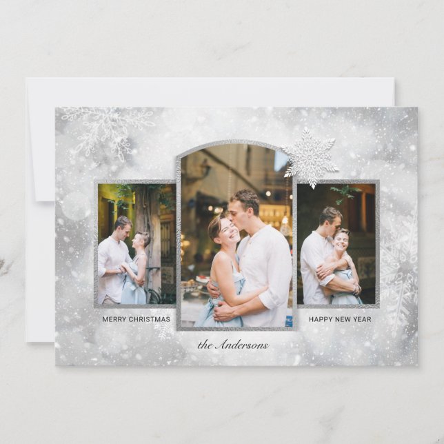 Magical Sparkly Silver Snowflakes 3-Photo  Holiday Card (Front)