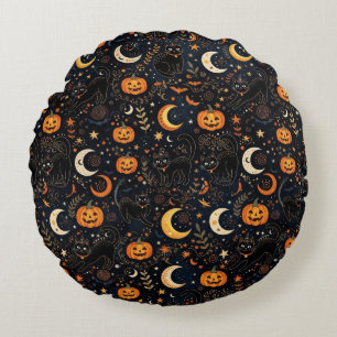 Magical Spooky Black Cat and Moon Round Pillow