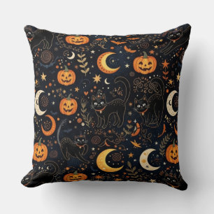 Magical Spooky Black Cat and Moon Throw Pillow