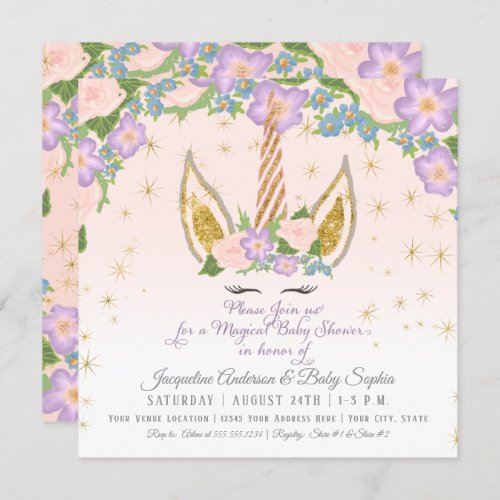 Magical Stars Baby Girl Shower Unicorn Horn Floral Invitation