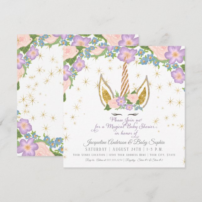 Magical Stars Baby Girl Shower Unicorn Horn Floral Invitation (Front/Back)