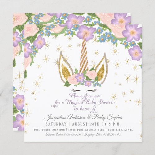 Magical Stars Baby Girl Shower Unicorn Horn Floral Invitation