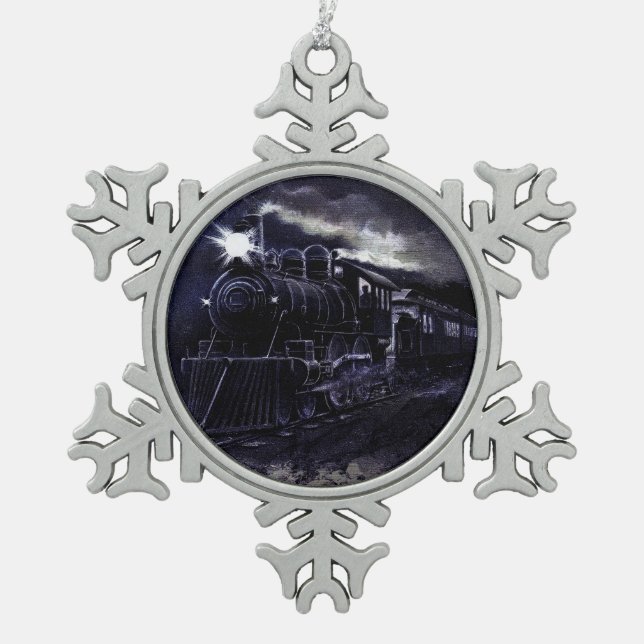 Magical Steam Engine Victorian Train Snowflake Pewter Christmas Ornament (Front)