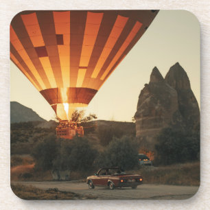 Magical Sunrise Hot Air Balloon View With Red Car Beverage Coaster