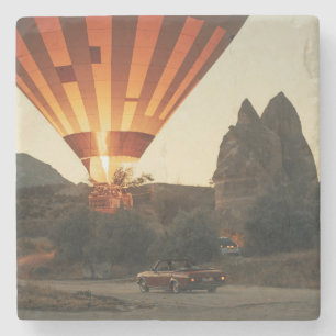 Magical Sunrise Hot Air Balloon View With Red Car Stone Coaster