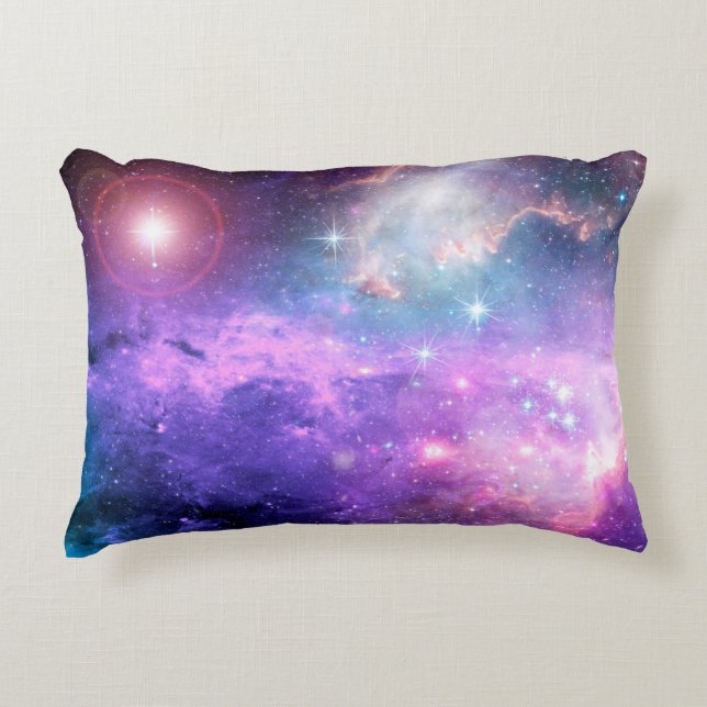 Magical surreal colorful space background with man accent pillow (Front)