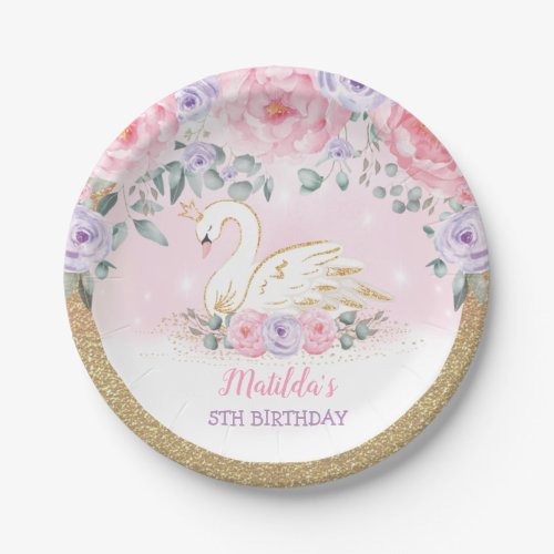 Magical Swan Princess Pink Purple Floral Birthday  Paper Plates