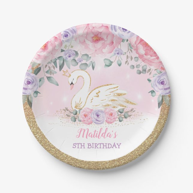 Magical Swan Princess Pink Purple Floral Birthday  Paper Plates (Front)