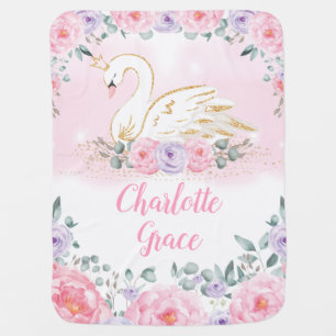 Magical Swan Princess Pink Purple Floral Nursery Baby Blanket